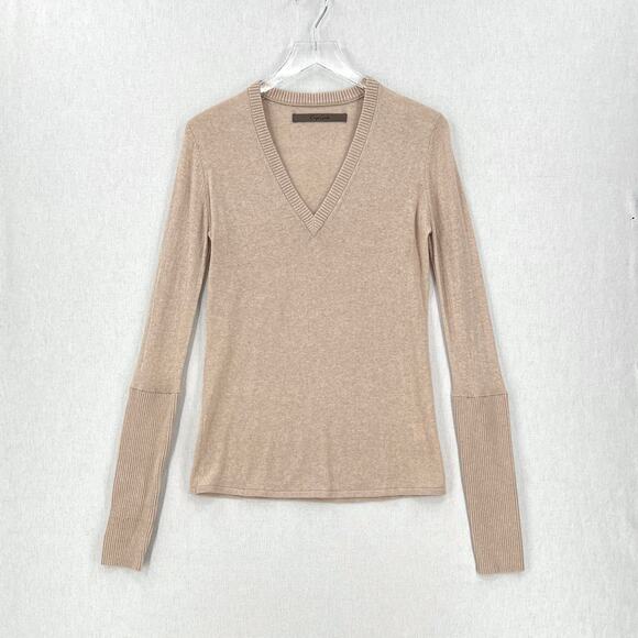 ENZA COSTA Fine Cashmere Knitted V-neck Sweater Medium Large Oatmeal Long Sleeve - Picture 1 of 15